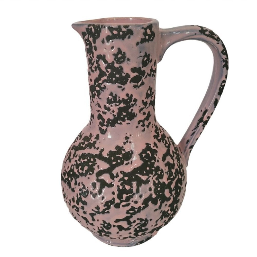 Vintage McCoy Brocade Pink on Black Pitcher 1950's Splatter Drip Glaze Server